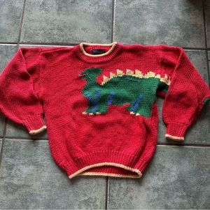 VTG 80s Red Kids Youth Red Chunky Knit Crewneck Dinosaur Sweater